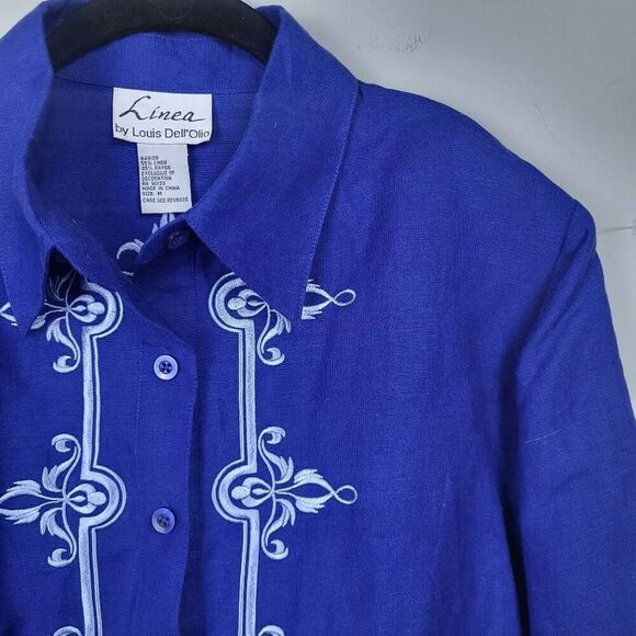 Linea Louis Dell Olio Womens Embroidered Linen Tunic Top Medium Blue Hippie NWT - Picture 3 of 7